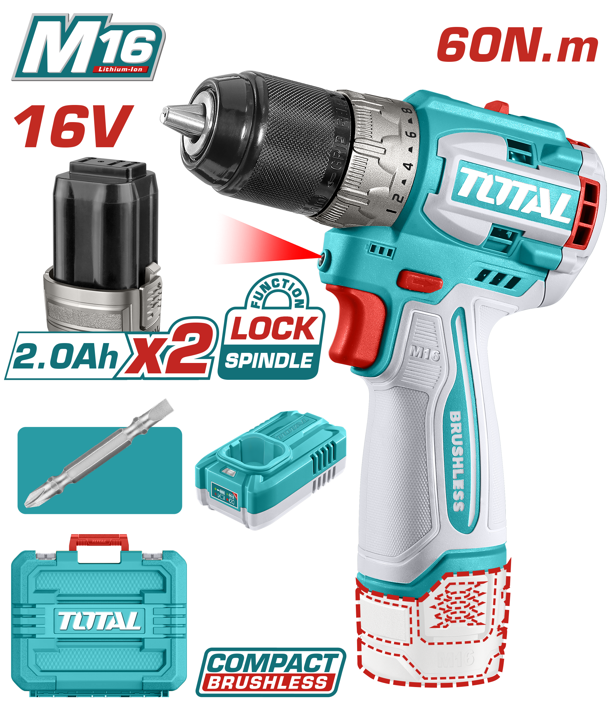 شنيور بطارية 16 فولت 2 امبير 60 نيوتن Brushless + 2 بطارية و شاحن