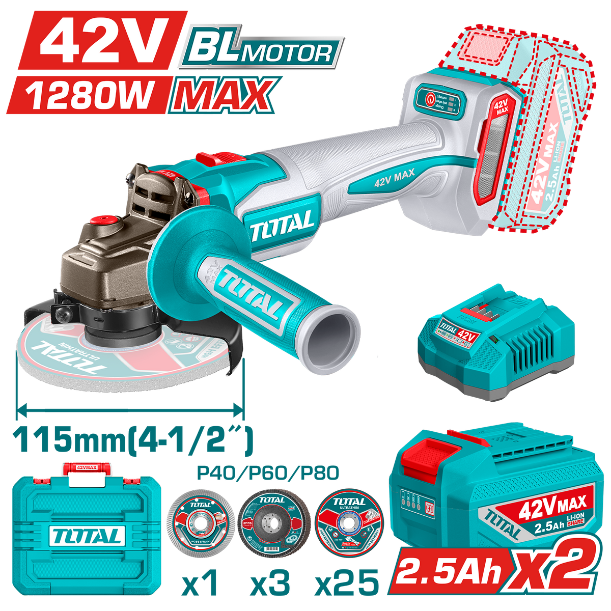 صاروخ 42 فولت TAGLI4128112 42v Cordless Angle Grinder 2 x 2.5Ah
